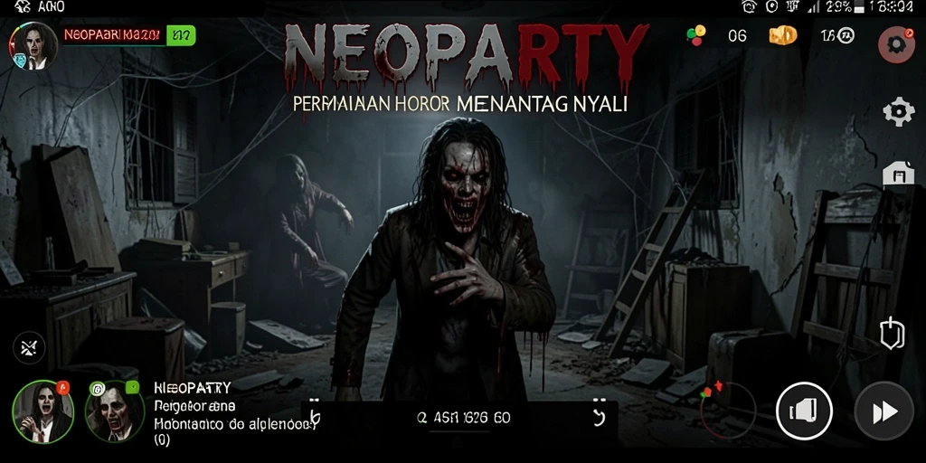 Screenshot gameplay NEOPARTY dengan suasana horor yang mencekam.