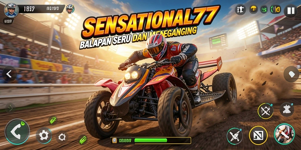 Tangkapan layar gameplay SENSATIONAL77 dengan mobil balap beraksi di trek.