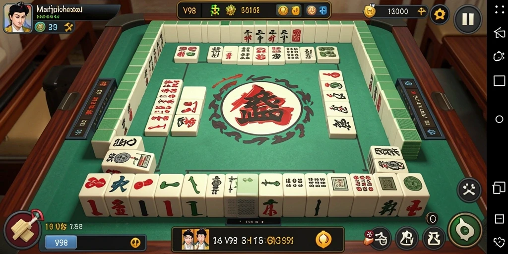 Screenshot gameplay V98 menampilkan suasana permainan Mahjong yang menarik.